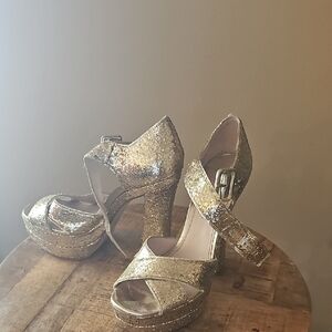 Miu Miu Gold Glitter Platform Sandals